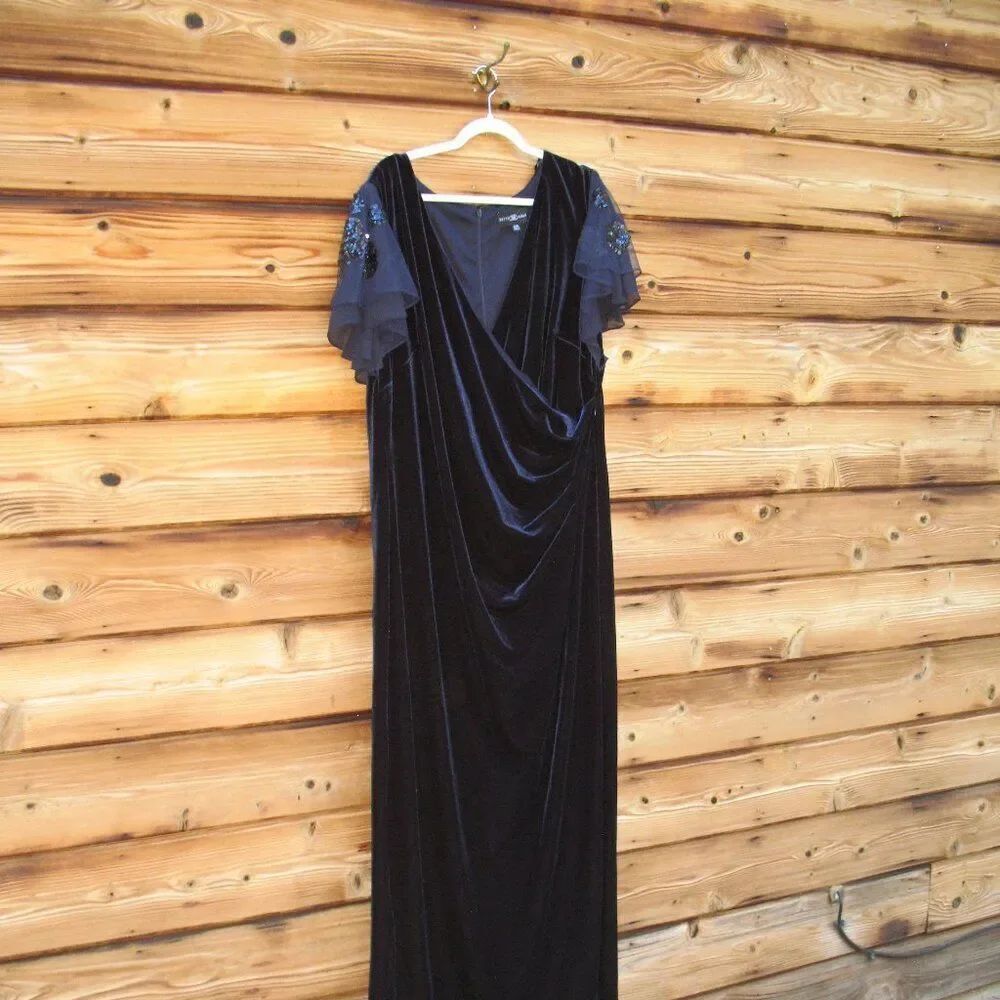 NWT Betsy & Adam PLUS "CAROLINA" LONG VELVET V-NECK SEQUIN SLEEVE DRESS Navy - Picture 6 of 13